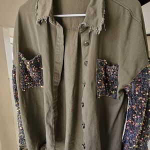 Chic Olive Utility Jacket with Sequin Sleeves
